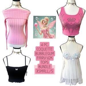 4 PC. Y2K COQUETTE PINK BUBBLE GUM FAIRY TOPS BUNDLE XSMALL